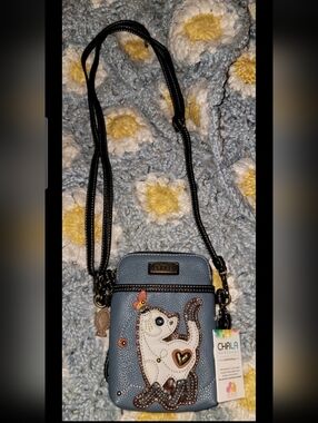 *Chala* Vegan Leather Blue Kitten Butterfly Crossbody Cellphone Mini-Purse